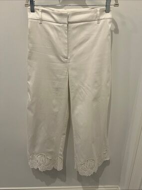 Chico's White Wide Legged Cropped Pants with Cut Out Detail at Bottom Hemline